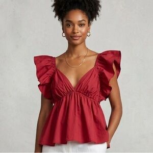 Day + Moon Women’s Red Scarlet Ruffled Top  Sz L Preowned